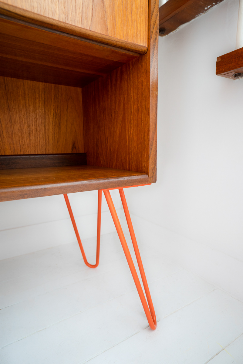 Hello Retro Design Mid Century Teak Gplan Bookcase on Orange Hairpin Legs