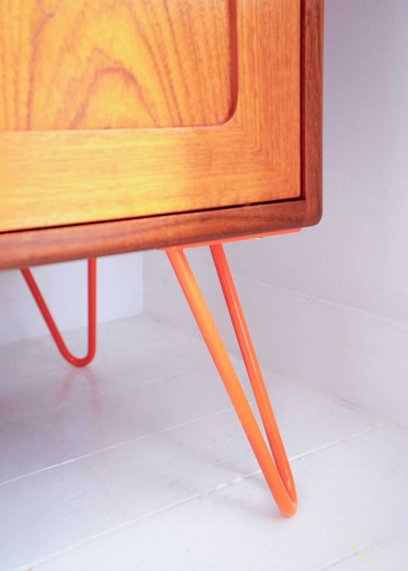 Mid Century Gplan EGomme Teak Sideboard Record Cabinet on Orange Hairpin Legs