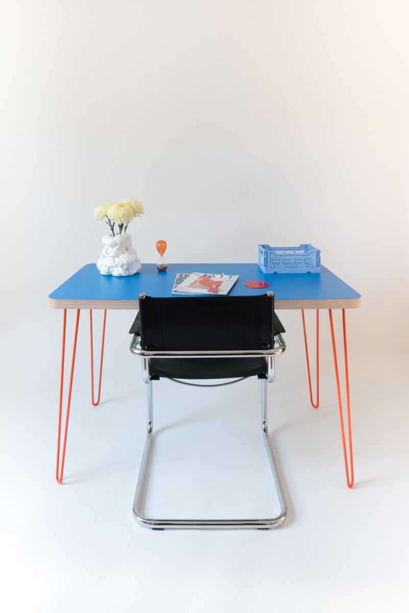 Blue Plywood desk on Orange hairpin legs