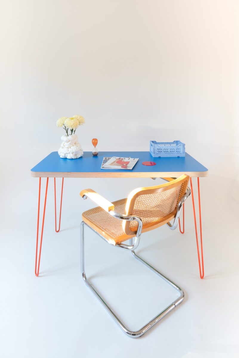 Blue Plywood desk on Orange hairpin legs
